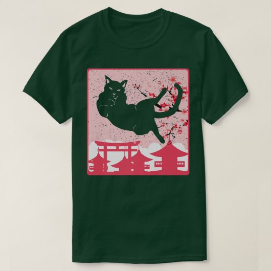 Zwarte kat en sakura Anime T-shirt (Design voorkant)