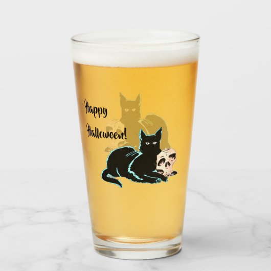 Zwarte Kat en Schedel Halloween Glas (Voorkant gevuld)
