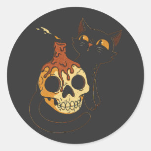 Zwarte kat en schedel in stijl ronde sticker