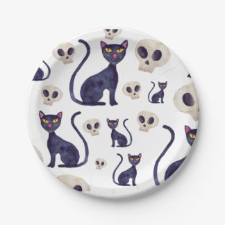Zwarte kat en schedelhalloween ontwerp papieren bordje
