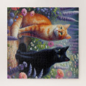 Zwarte kat en Sinaasappel kat met wilde bloemen Legpuzzel (Horizontaal)