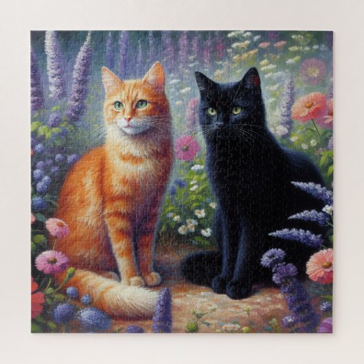Zwarte kat en Sinaasappel kat met wilde bloemen Legpuzzel (Verticaal)