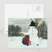 Zwarte Kat en Sneeuwman Briefkaart (Voorkant / Achterkant)