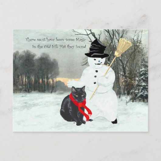 Zwarte Kat en Sneeuwman Briefkaart (Voorkant)