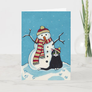 Zwarte kat en sneeuwman kerst Kaart