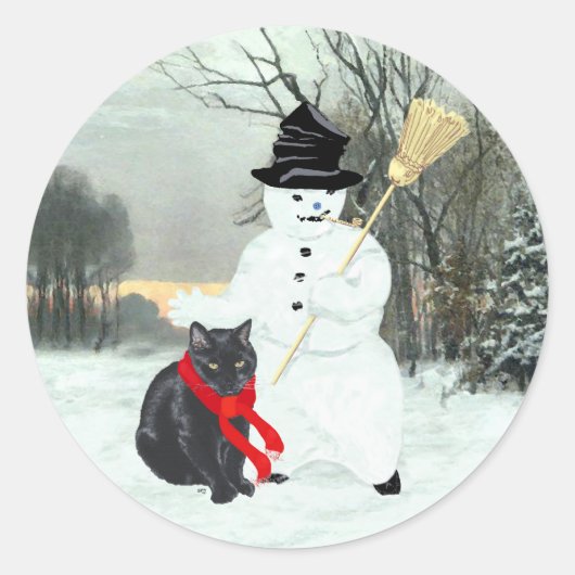 Zwarte Kat en Sneeuwman Ronde Sticker (Voorkant)