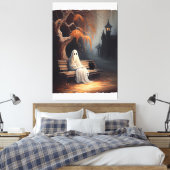 Zwarte kat en spook zittend op bank Halloween Dar Canvas Afdruk (Insitu (Slaapkamer))