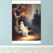 Zwarte kat en spook zittend op bank Halloween Dar Canvas Afdruk (Insitu (Houten vloer))