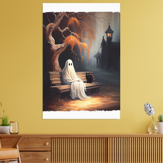 Zwarte kat en spook zittend op bank Halloween Dar Canvas Afdruk (Insitu (Woonkamer))