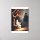 Zwarte kat en spook zittend op bank Halloween Dar Canvas Afdruk (Voorkant)