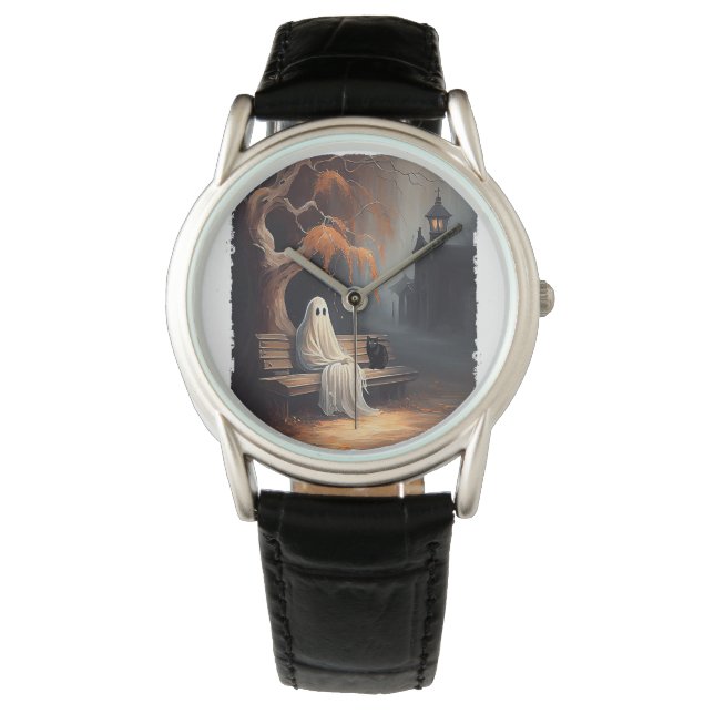 Zwarte kat en spook zittend op bank Halloween Dar Horloge (Voorkant)