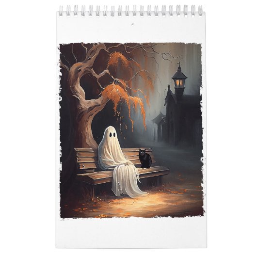 Zwarte kat en spook zittend op bank Halloween Dar Kalender (Hoes)