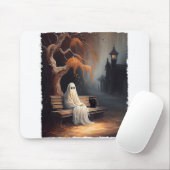 Zwarte kat en spook zittend op bank Halloween Dar Muismat (Met muis)