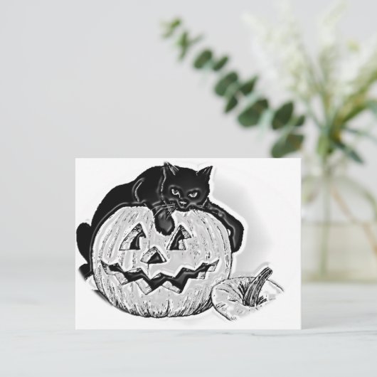 Zwarte kat en Spooky pompoen Halloween Briefkaart (Staand voorkant)