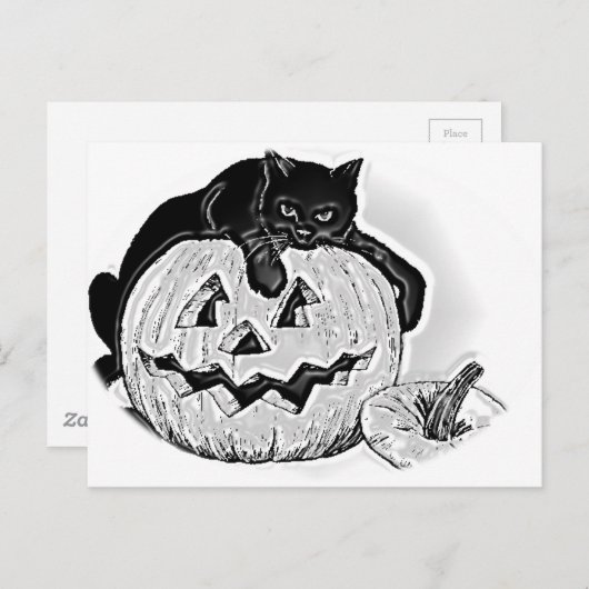 Zwarte kat en Spooky pompoen Halloween Briefkaart (Voorkant / Achterkant)