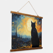 Zwarte kat en Sterrennacht Hangend Wandkleed (Gebogen)