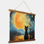 Zwarte Kat en Sterrennacht Hout Overdekt Wandtapij Hangend Wandkleed (Gebogen)