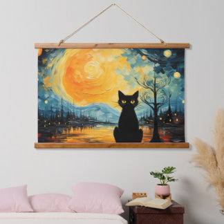 Zwarte Kat en Sterrennacht Hout Overdekt Wandtapij Hangend Wandkleed