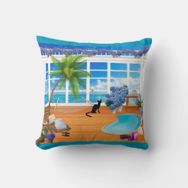 Zwarte Kat en Strandkussen Kussen