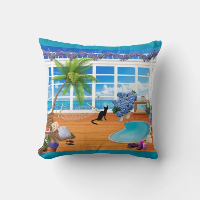 Zwarte Kat en Strandkussen Kussen (Voorkant)