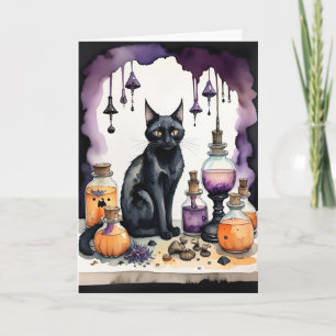 Zwarte Kat en Toverdranken Halloween Feestdagen Kaart