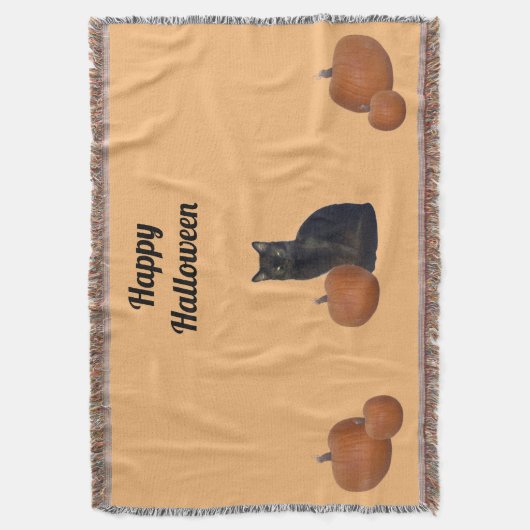 Zwarte kat en vijf pompoenen blij Halloween Sinaas Deken (Voorkant Verticaal)