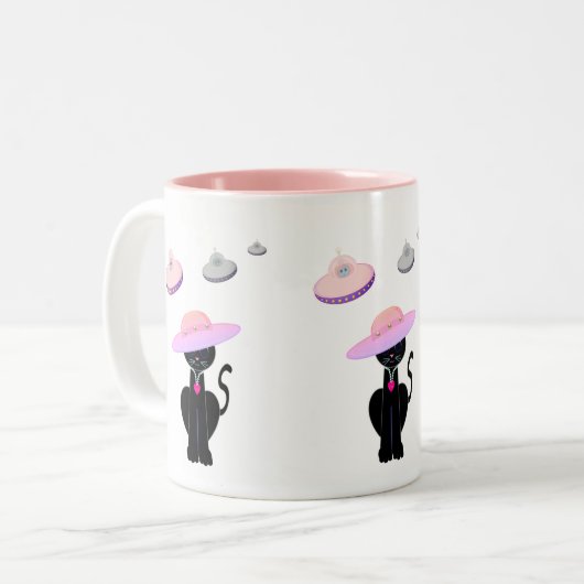 Zwarte kat en vliegende schotels tweekleurige koffiemok (Voorkant links)