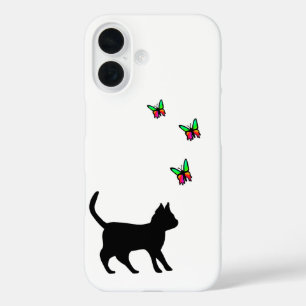 Zwarte kat en vlinder iPhone 16 hoesje