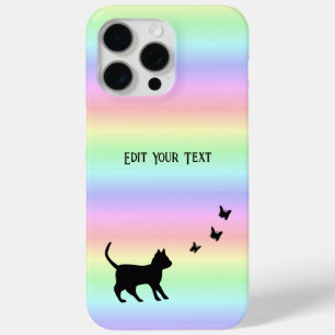Zwarte kat en vlinder op regenboog iPhone 15 pro max hoesje