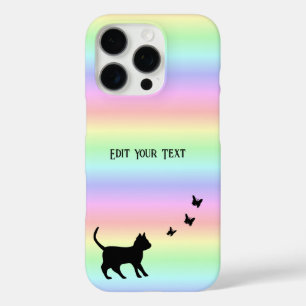 Zwarte kat en vlinder op regenboog iPhone 16 pro hoesje