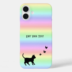 Zwarte kat en vlinder op regenboog iPhone 16 plus hoesje