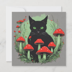 Zwarte Kat en Wilde Rode Bos Paddenstoelen Kaart