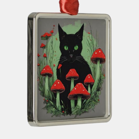 Zwarte kat en wilde rode bospaddenstoelen metalen ornament (Rechts)