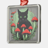 Zwarte kat en wilde rode bospaddenstoelen metalen ornament (Links)