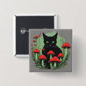 Zwarte kat en wilde rode bospaddenstoelen vierkante button 5,1 cm (Voorkant /achterkant)