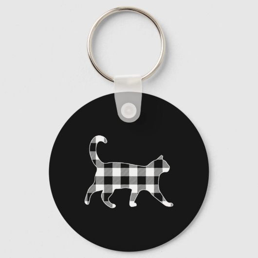 Zwarte kat en witte buffelruit Kerstmis Sleutelhanger (Voorkant)