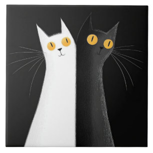 Zwarte Kat en Witte Kat op Zwart Tegeltje
