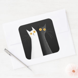 Zwarte Kat en Witte Kat op Zwart Vierkante Sticker
