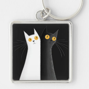 Zwarte Kat en Witte Katten op Zwart Sleutelhanger
