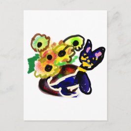 Zwarte Kat en Zonnebloemen  Briefkaart