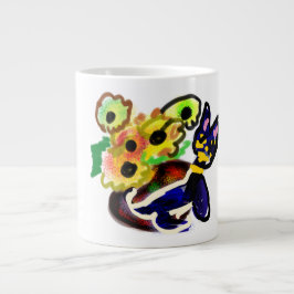 Zwarte kat en zonnebloemen  grote koffiekop