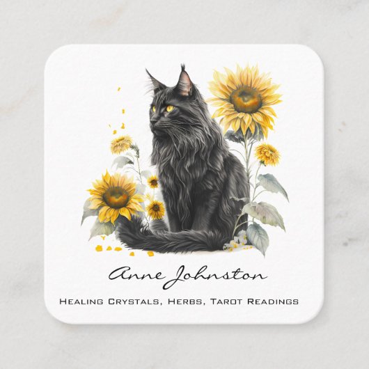 Zwarte kat en zonnebloemen vierkant Visitekaartje (Voorkant)