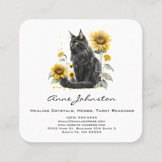 Zwarte kat en zonnebloemen vierkant Visitekaartje (Achterkant)