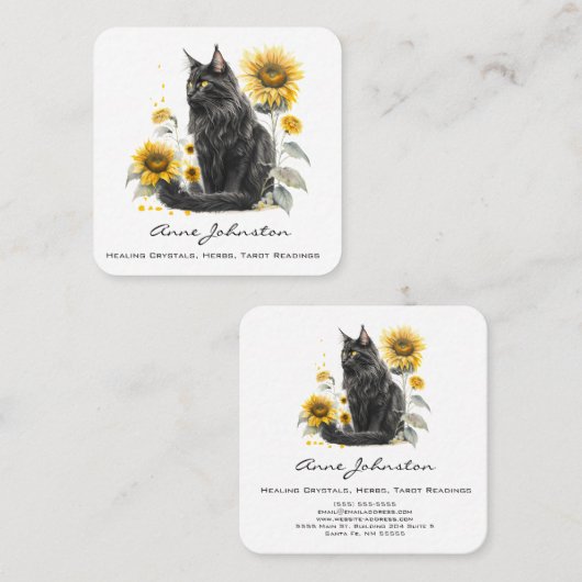 Zwarte kat en zonnebloemen vierkant Visitekaartje (Voorkant / Achterkant)