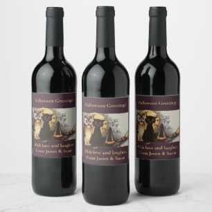  zwarte kat en zwarte kat en zwarte haak Pet maan Wijn Etiket