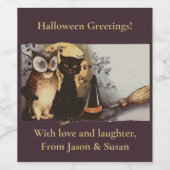 zwarte kat en zwarte kat en zwarte haak Pet maan Wijn Etiket (Enkel label)