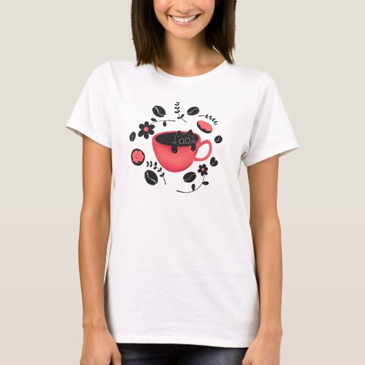 Zwarte kat en zwarte koffie T-shirt (Voorkant)
