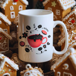 Zwarte kat en zwarte koffie  tweekleurige koffiemok