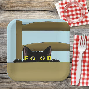 Zwarte Kat Eten Grappige Hongerige Kat Humor Papieren Bordje