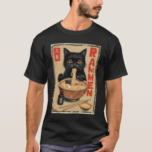 Zwarte Kat Eten Ramen Japanse Noodles Eten Poste T-shirt